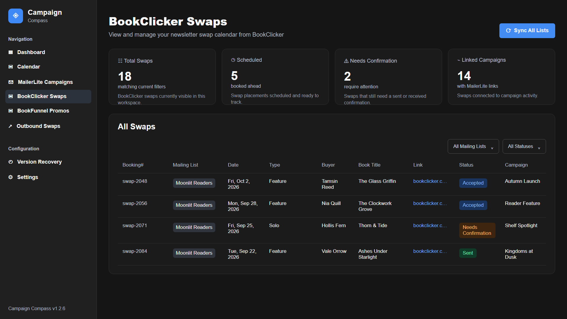 Campaign Compass BookClicker swaps view showing newsletter swaps, scheduled dates, statuses, and linked campaigns
