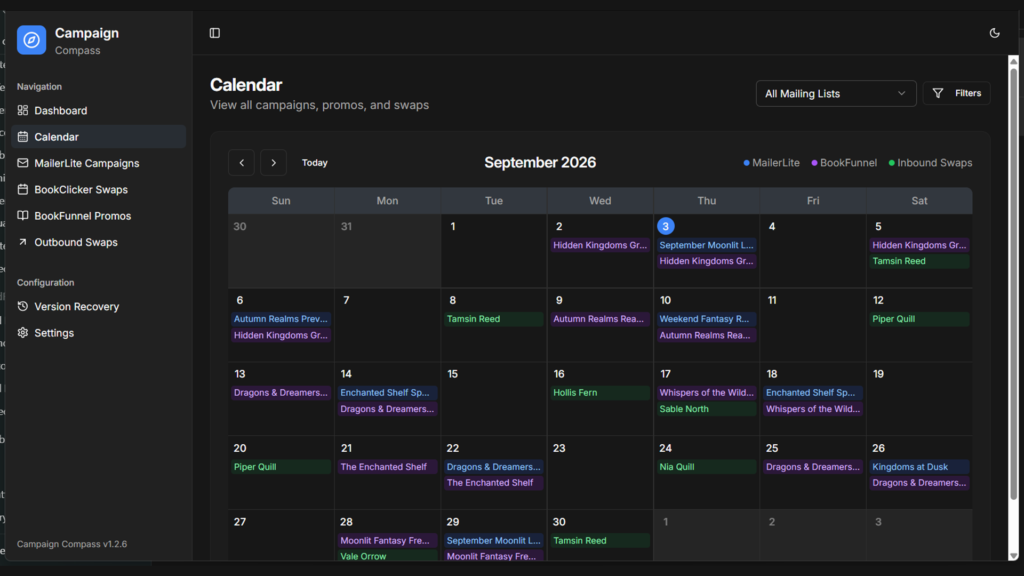 Campaign Compass main calendar showing MailerLite campaigns, BookFunnel promos, and BookClicker swaps in one monthly view