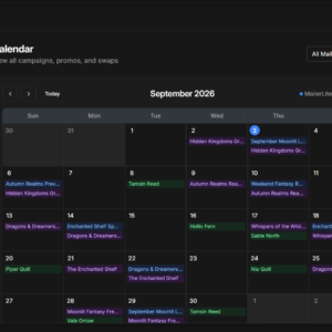 Campaign Compass main calendar showing MailerLite campaigns, BookFunnel promos, and BookClicker swaps in one monthly view