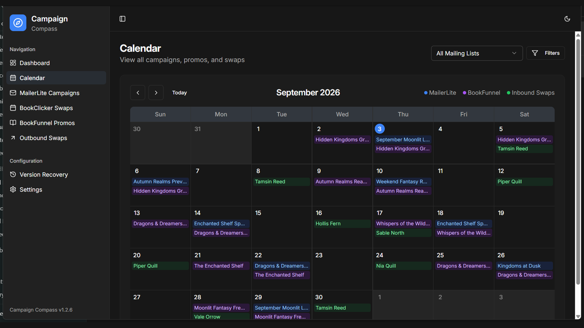Campaign Compass main calendar showing MailerLite campaigns, BookFunnel promos, and BookClicker swaps in one monthly view