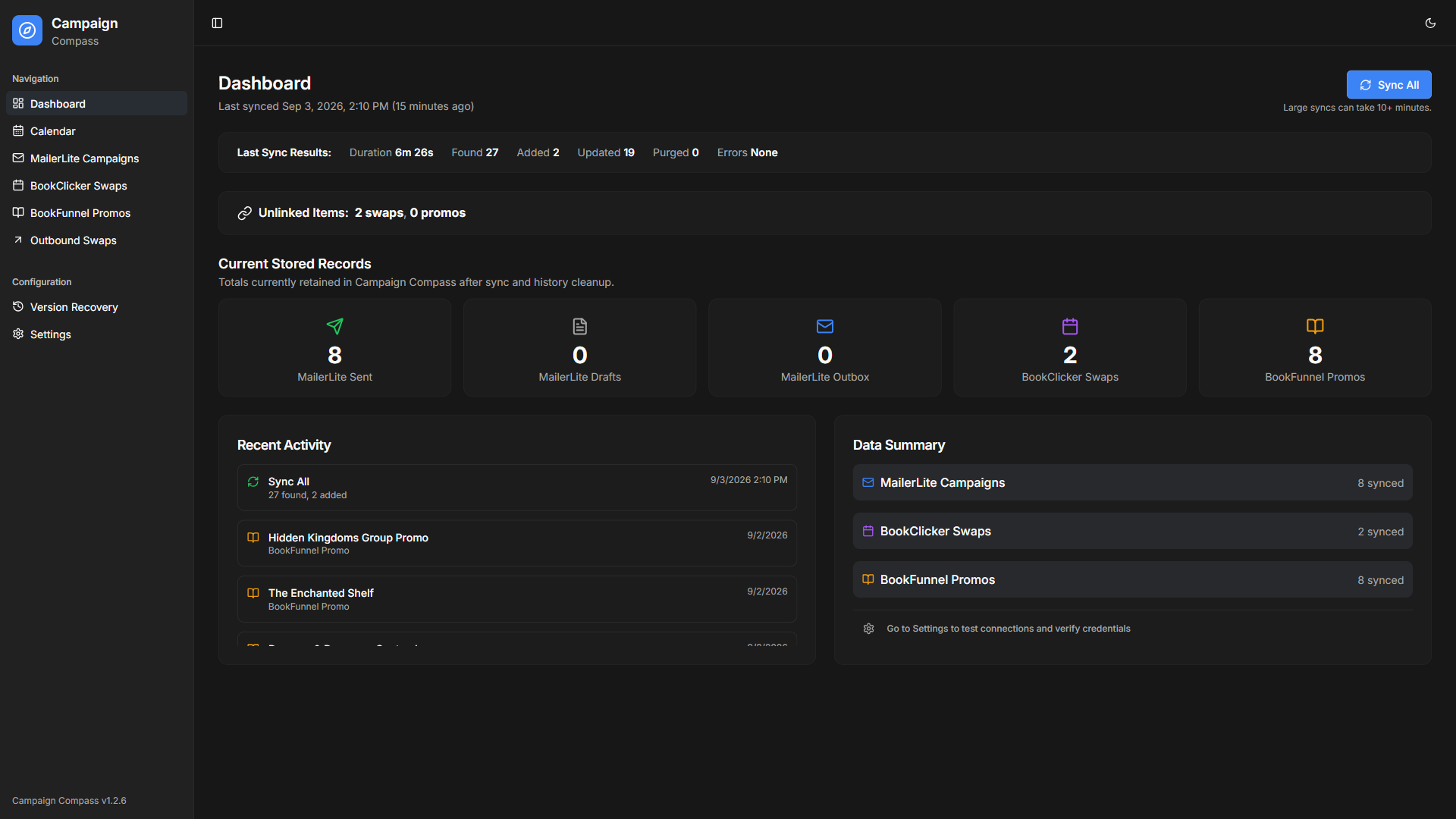 Campaign Compass dashboard showing sync results, linked and unlinked items, stored records, recent activity, and data summaries