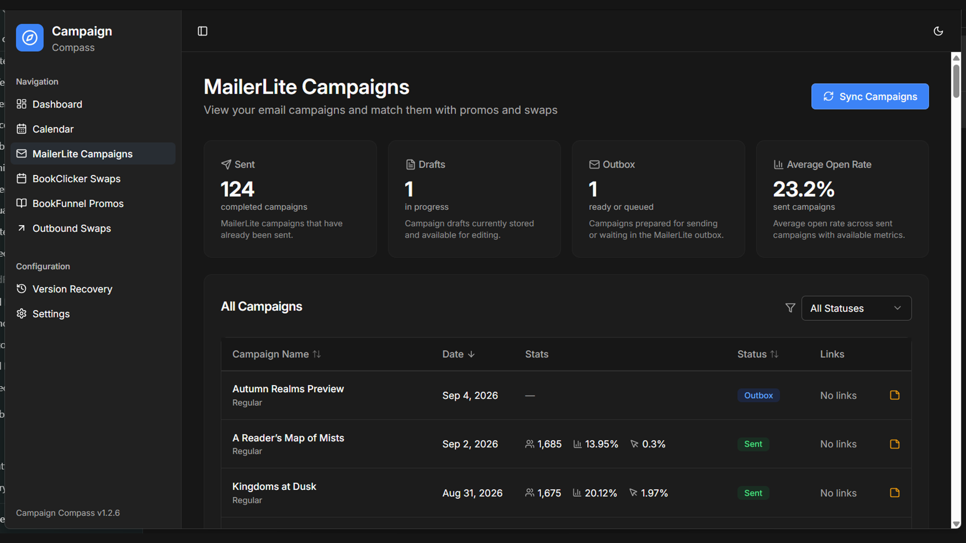 Campaign Compass MailerLite campaigns view showing email campaigns, statuses, open rates, and campaign links