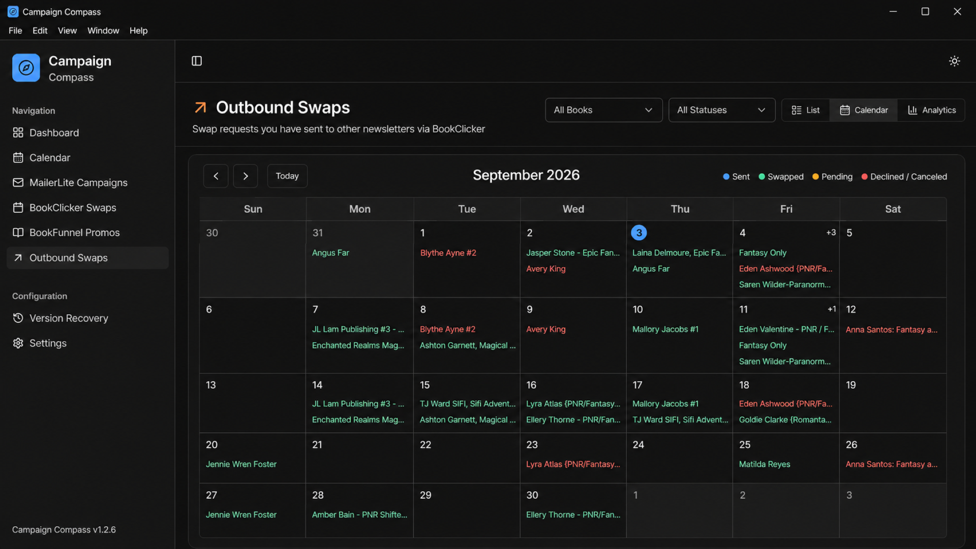 Campaign Compass Outbound Swaps calendar view showing scheduled outbound newsletter swaps, statuses, and confirmation tracking by date